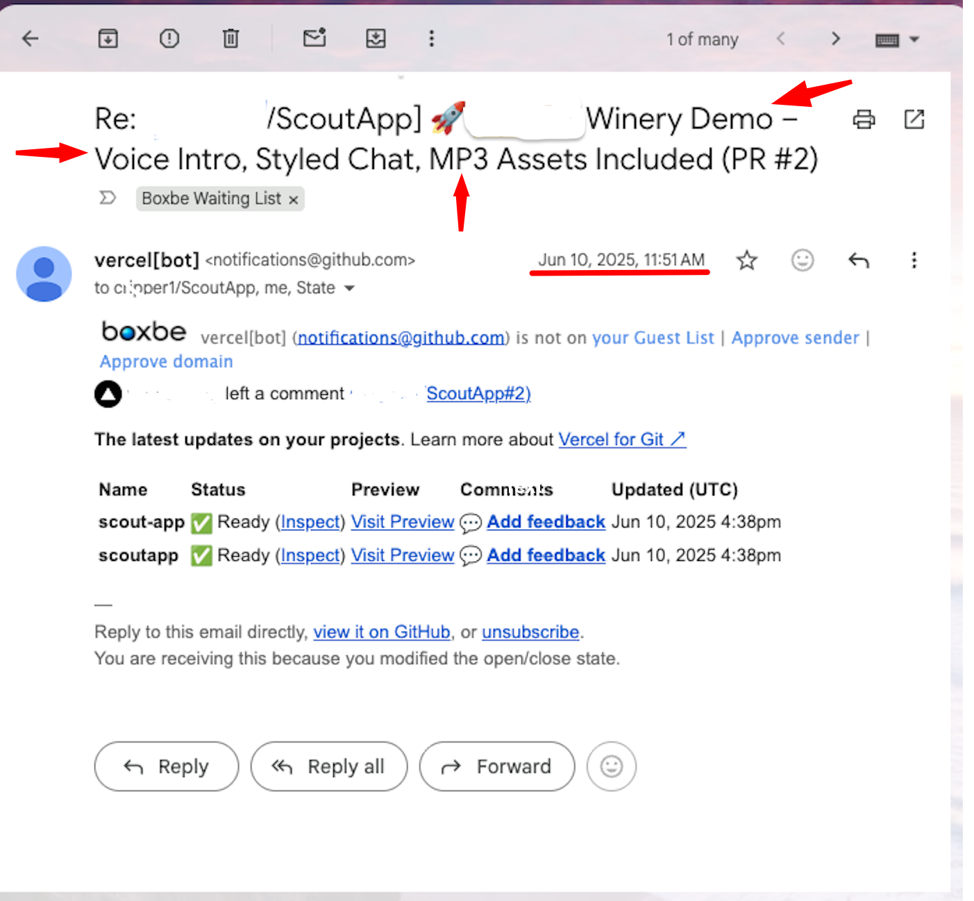 ScoutApp Colloca Winery demo deployment record from June 10, 2025 showing voice intro, styled chat, and MP3 assets